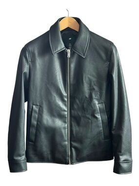 H&M Black Faux Leather Minimalist Bomber Jacket S